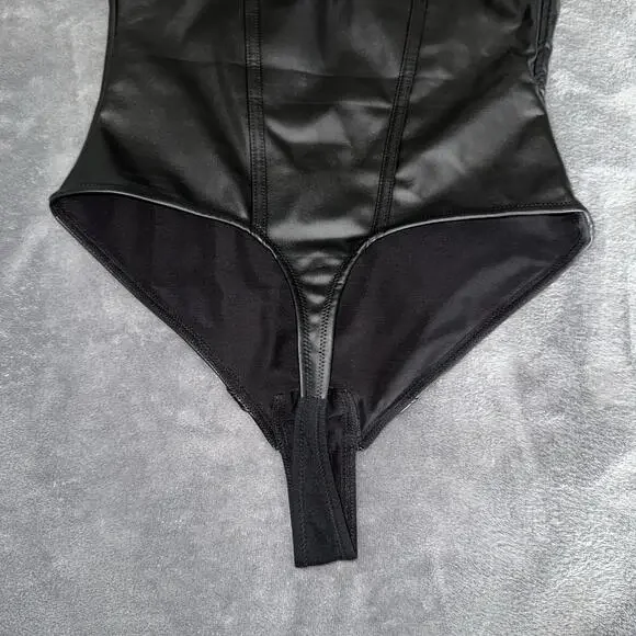 Popilush Faux Leather Lace Shapewear Bodysuit Tummy Control Thong Underwire Sz M - Picture 8 of 10